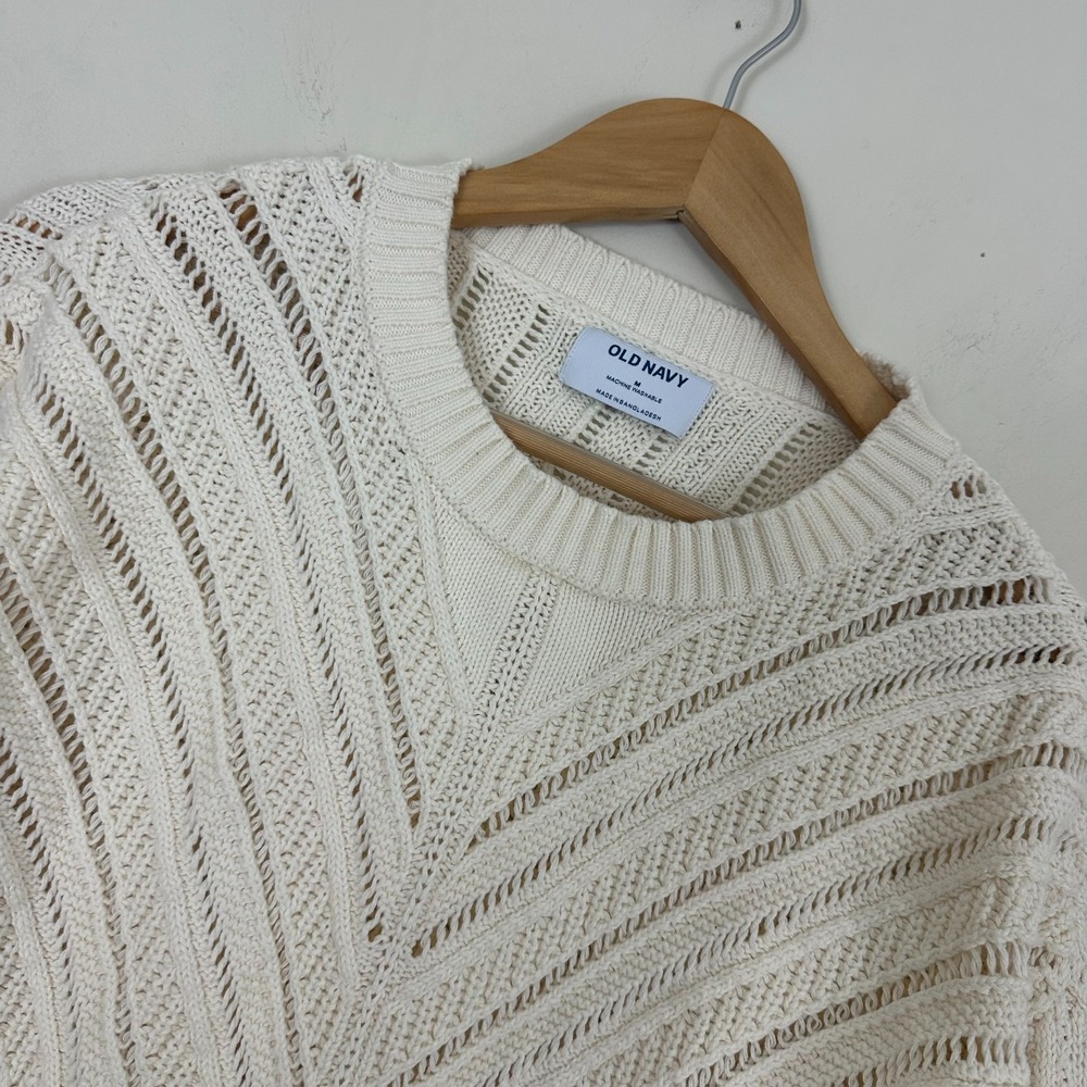 Old Navy Sweater White Crochet Knit Cotton Crew Neck Pullover Womens Medium